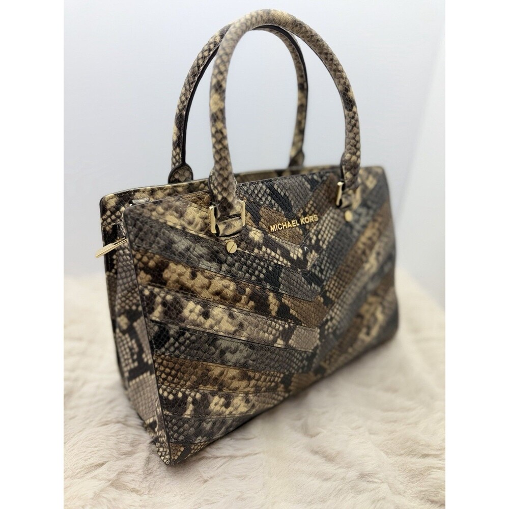 Michael Kors Selma Medium Satchel Python Embossed Leather Brown Chevron Bag - Picture 3 of 12